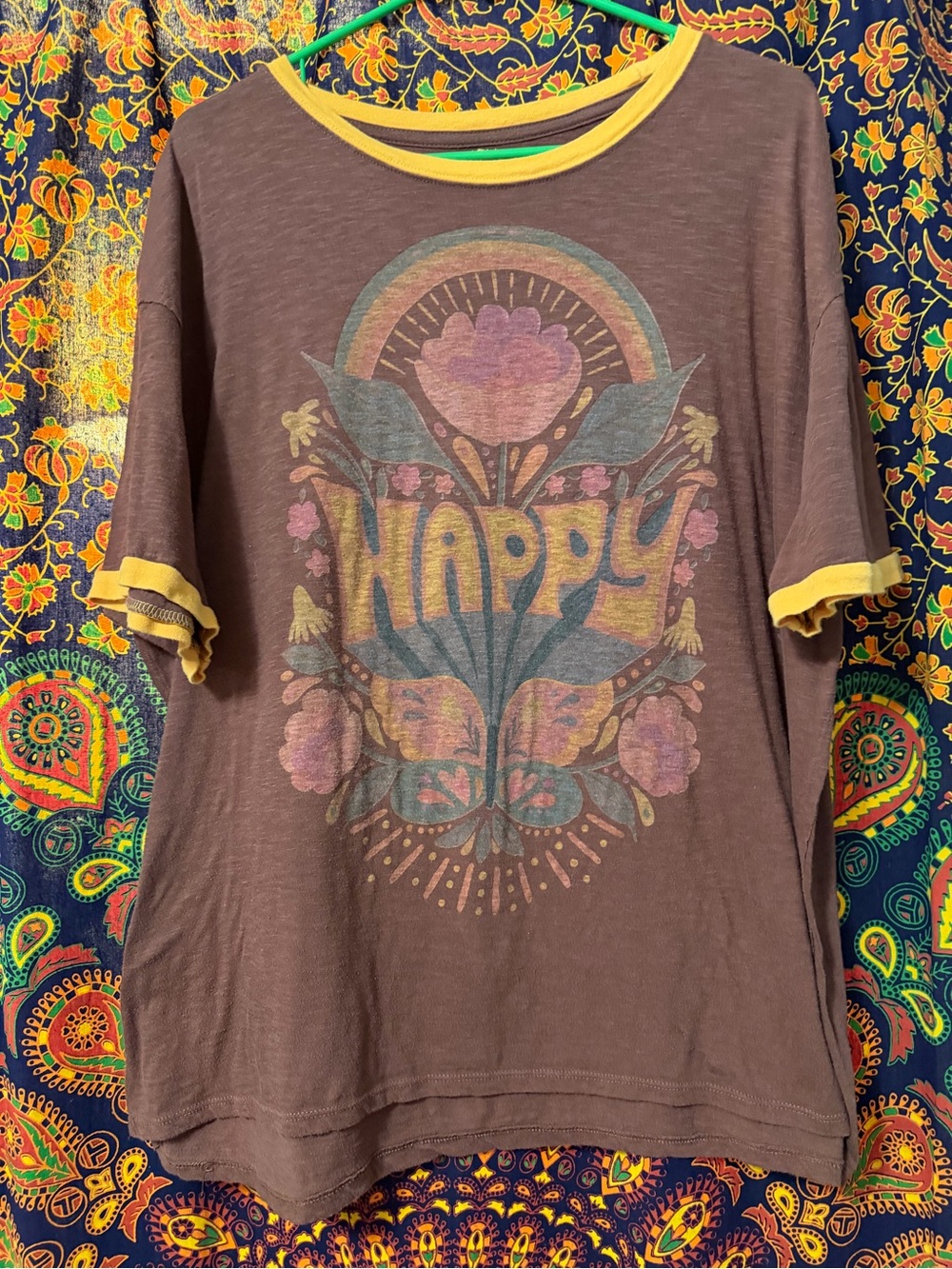NATURAL LIFE Brown Tee with Yellow Trim and Floral 'Happy' Graphic